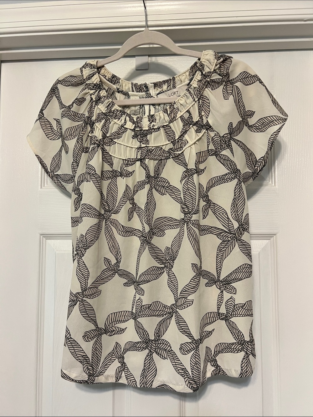 LOFT Cream Dress with Black Rope-Style Floral Print